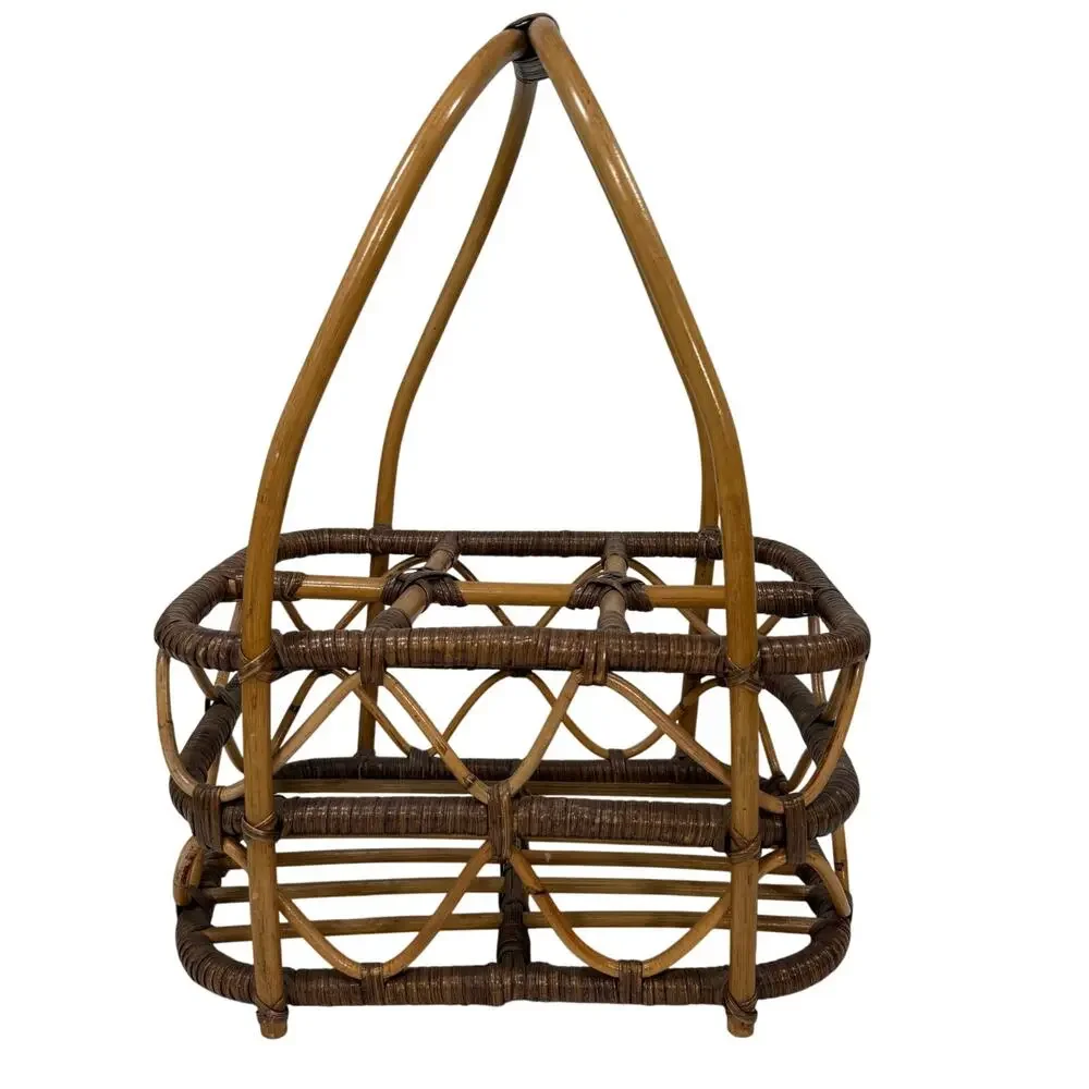 Vintage 80s Bent Wood Bamboo Wine Basket Holder Rustic Boho Farmhouse 18”